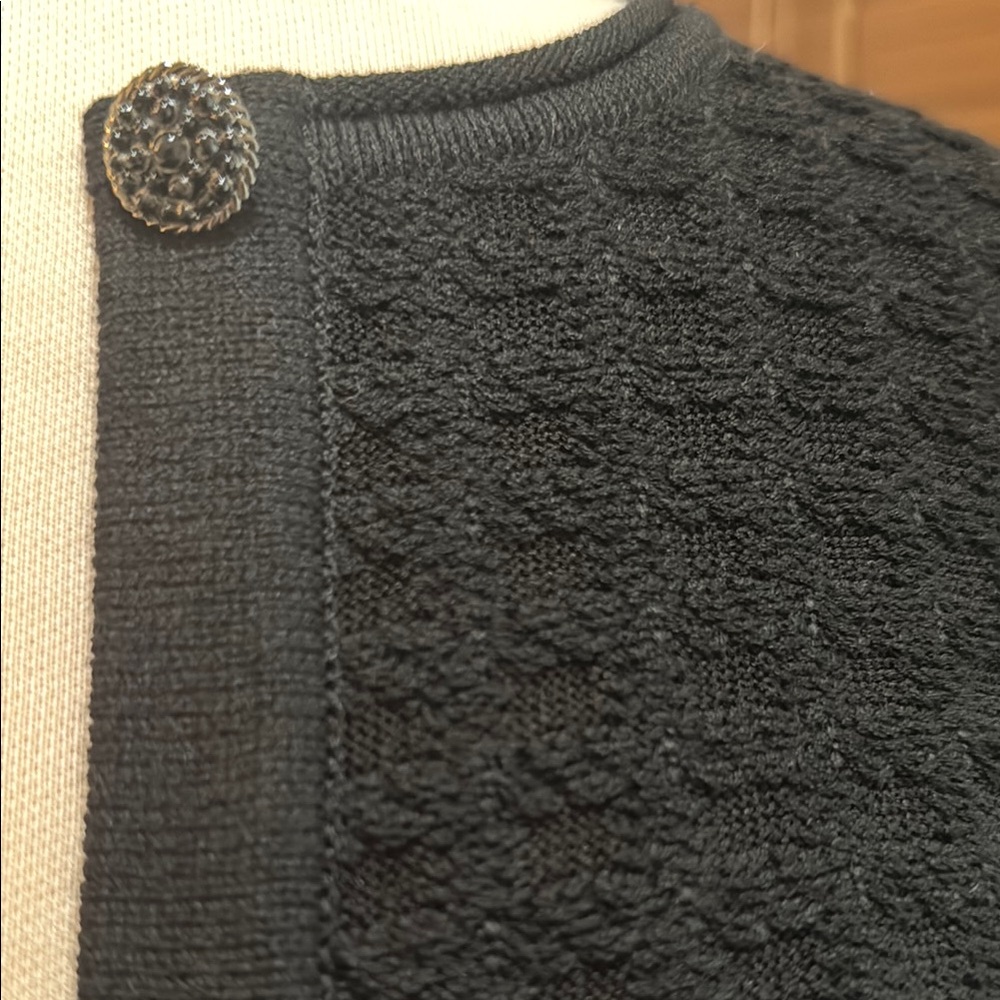 St. John Black Cardigan Sweater with Open Knit Lace Look Sleeves Size L - Picture 2 of 4